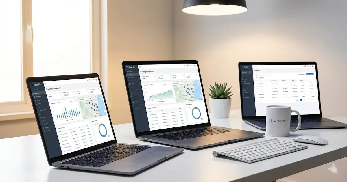 Best property management software platforms displayed on laptop and mobile screens