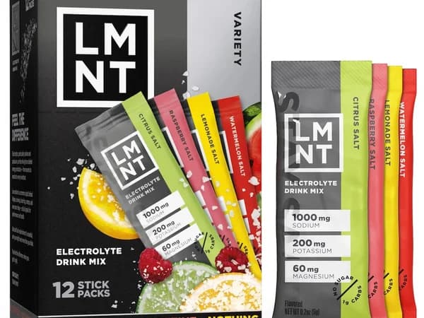 LMNT Electrolyte Drink Mix variety pack box with individual stick packs