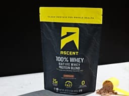 Ascent Native Fuel Whey Protein chocolate powder tub