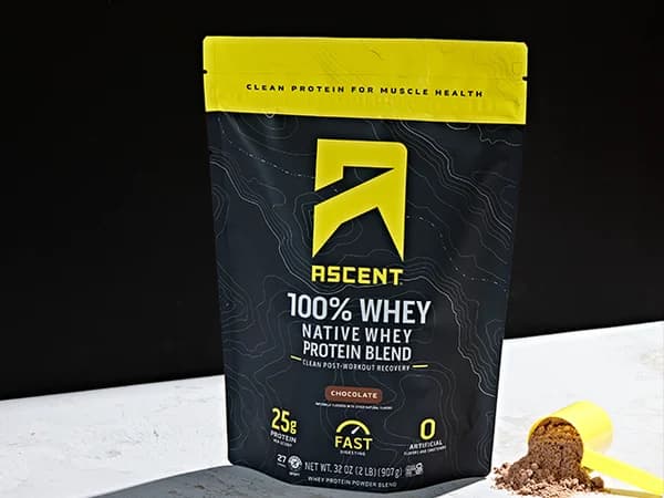 Ascent Native Fuel Whey Protein chocolate powder tub